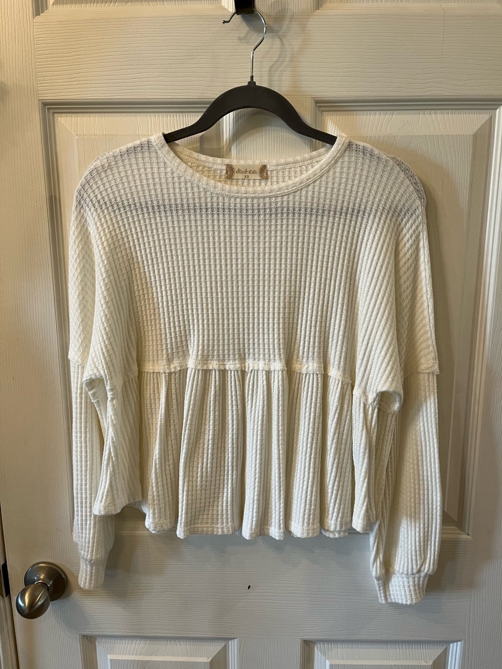 Altar'd State Waffle-Knit Peplum Long-Sleeve Top in Cream, Size XS